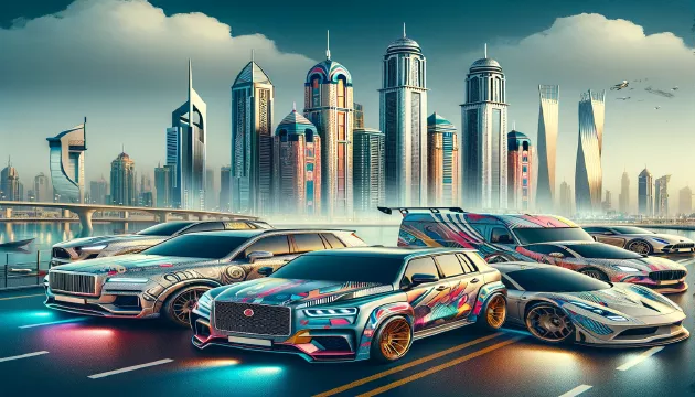 Showcasing the top 5 car wrap designs in Dubai against the city's iconic skyline, embodying unique automotive style and customization.