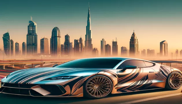 Luxurious vehicle showcasing car wrapping in Dubai with the city's skyline in the background.